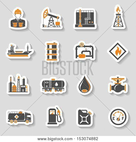 Oil industry extraction production and transportation oil and petrol Two Color Sticker Icons Set with oilman, rig and barrels. vector illustration.