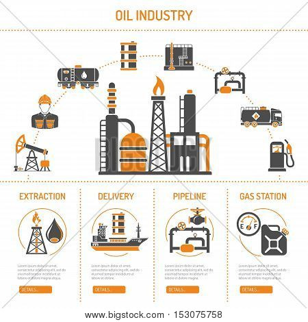 Oil industry extraction production and transportation oil and petrol Concept Two Color Icons Set with oilman, rig and barrels. Isolated vector illustration.
