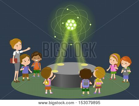 Education, elementary school, learning, technology and people concept - group of school kids looking to carbon atom hologram on physics lesson of future. Vector