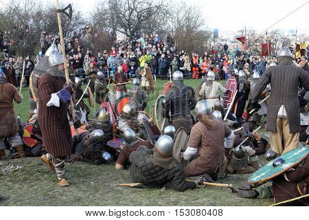 KRAKOW POLAND - MARCH 29 2016: Unidentified participants of Rekawka - Polish tradition celebrated in Krakow on Tuesday after Easter. Currently has the character of festival historical reconstruction