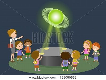 Innovation education elementary school museum astronomy center. Technology and people concept - group of kids looking to Saturn hologram on physics lesson future. Vector