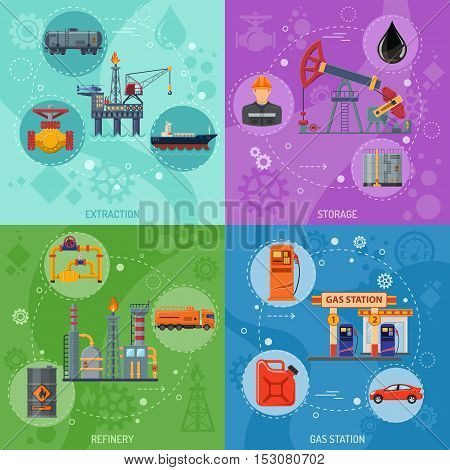 Oil industry Square Banners with Flat Icons extraction refinery and transportation oil and petrol with gas station, rig and barrels. vector illustration.
