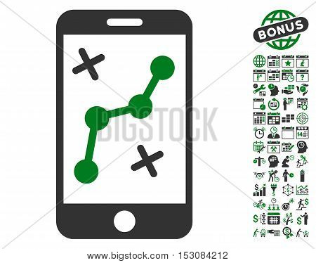Route Smartphone icon with bonus calendar and time service symbols. Glyph illustration style is flat iconic symbols, green and gray colors, white background.