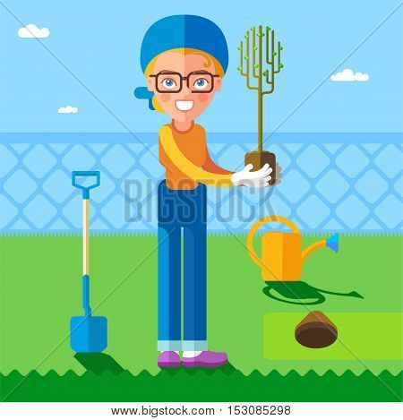 The Garden. This woman is holding a sapling tree for planting in the ground. In the flat style.