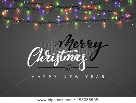 Merry Christmas and happy New Year Lettering label. Glowing Christmas Lights for Xmas Holiday Greeting Cards Design. Glowing lights Garlands Xmas Holiday greeting card design