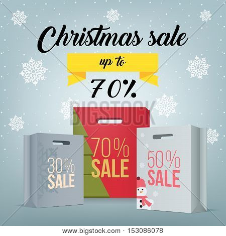 Colorful paper shopping bags with discount sign on a light grey background - Christmas Sale VECTOR. Paper shopping bag with sale promotion. Super sale banner. Special offer sale tag discount symbol