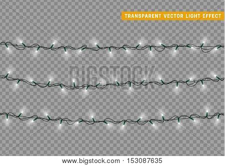 Garlands, Christmas decorations lights effects. Isolated vector design elements. Glowing lights for Xmas Holiday greeting card design. Christmas decoration realistic luminous garland