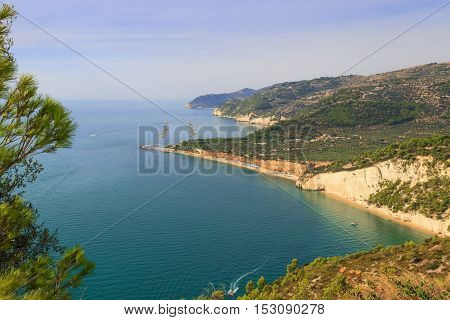 Gargano coast: Mattinatella or Fontana delle Rose beach.MATTINATA (Apulia) - ITALY-The Mattinatella beach holds two adjoining beaches,separated by a 100m wide rock.