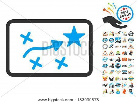 Route Plan pictograph with bonus 2017 new year pictograms. Glyph illustration style is flat iconic symbols, blue and gray colors, white background.
