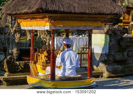 Prayer in Tirta Empul Temple on Bali Island Indonesia - travel and architecture background