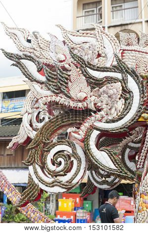 Suratthani, Thailand - October 20, 2016: Details On Ornamented Carriers Of Buddha Images To Be Pulle