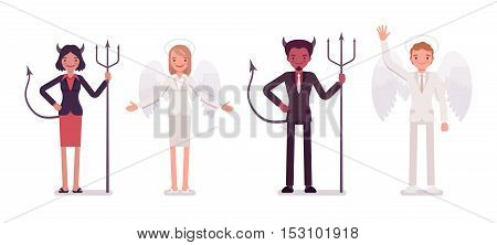 Set of male, female angel and devil in a formal wear standing in a line. Cartoon vector flat-style illustration