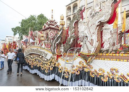 Suratthani, Thailand - October 20, 2016: Ornamented carriers of Buddha images to be pulled across the city during the famous Chak Phra Festival, an annual Buddhist festival to celebrate the return of Buddha from heaven to earth after the end of the three-