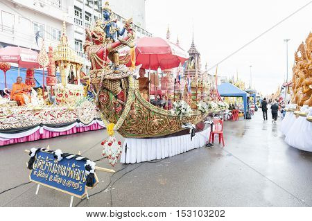 Suratthani, Thailand - October 20, 2016: Ornamented carriers of Buddha images to be pulled across the city during the famous Chak Phra Festival, an annual Buddhist festival to celebrate the return of Buddha from heaven to earth after the end of the three-