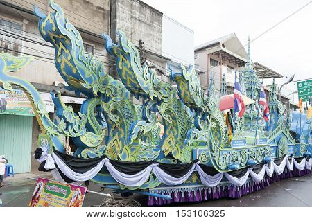Suratthani, Thailand - October 20, 2016: Ornamented carriers of Buddha images to be pulled across the city during the famous Chak Phra Festival, an annual Buddhist festival to celebrate the return of Buddha from heaven to earth after the end of the three-