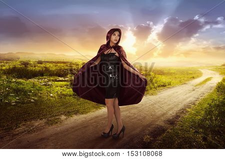 Beautiful Asian Witch Woman With Black Hood