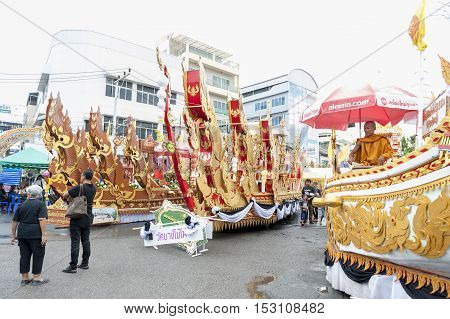 Suratthani, Thailand - October 20, 2016: Ornamented carriers of Buddha images to be pulled across the city during the famous Chak Phra Festival, an annual Buddhist festival to celebrate the return of Buddha from heaven to earth after the end of the three-