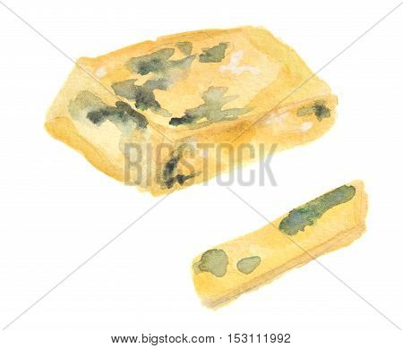 Isolated watercolor blue cheese on white background. Delicious gourmet cheese with mold. French product.