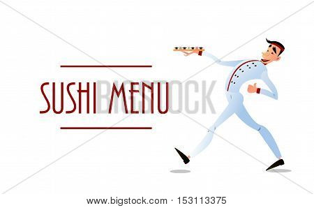 Sushi delivery poster. Sushi menu design. Japanese sushi delivers. Bright cheerful character in a flat style