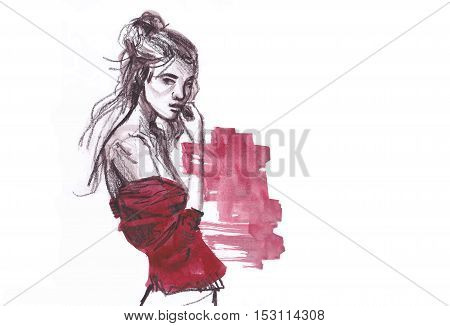 Young woman in red closing looking from side, torso profile isolated on white