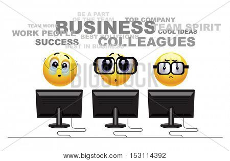 Humors vector illustration of a teamwork in a company. Hardworking smiley colleagues. Winning team. Everything is possible with the right people.