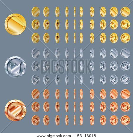 Cartoon Rotation animation coin turns around, frame by frame, gold, silver, bronze. coin set