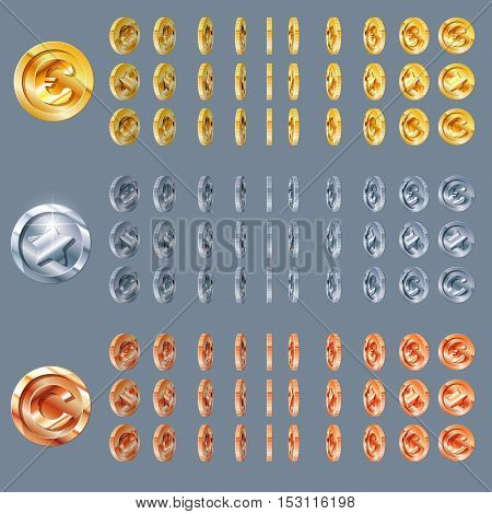Cartoon Rotation animation coin turns around, frame by frame, gold, silver, bronze. coin set