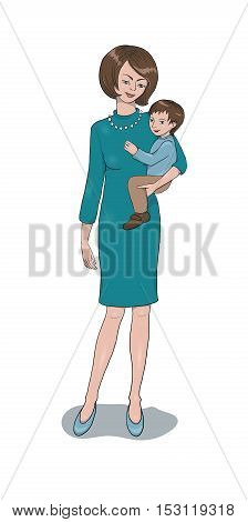 Illustration of a beautiful working mother with child on her hip
