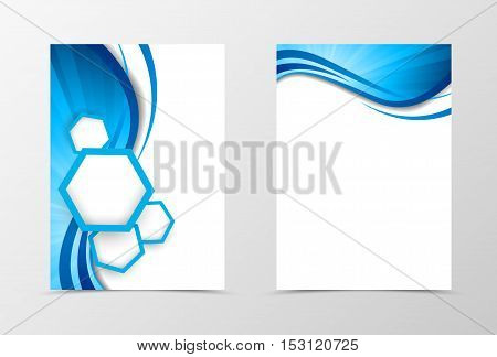 Front and back wave flyer template design. Abstract template with blue lines and white hexagons in dynamic smooth style. Vector illustration