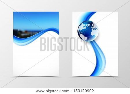 Front and back dynamic wave flyer template design. Abstract template with blue lines, photo and globe in smooth style. Vector illustration
