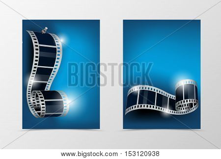 Front and back dynamic cinema template design. Abstract template with film reel with stud on blue background in smooth style. Vector illustration