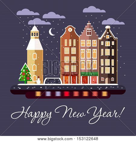 Winter Urban Landscape in flat style for Christmas & New Year decoration design. Winter Holidays vector background for greeting card banner gift package decoration. Sample text. Editable