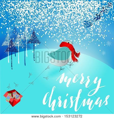 Santa Claus brought a bad gift. Angry bird dissatisfied with Christmas gift. A pair of mittens. Christmas lettering. Vector illustration. EPS10
