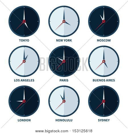 World clocks for time zones of different cities vector set. Travel to country with other timezone illustration