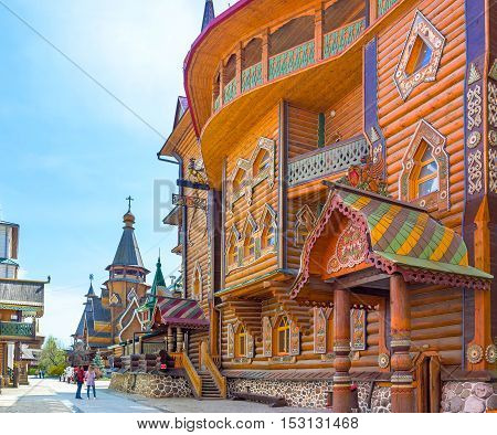 MOSCOW RUSSIA - MAY 10 2015: The splendor of traditional medieval Russian Architecture with various decors carved and painted details on May 10 in Moscow.