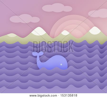 Whale in the ocean. Seascape with a whale, the ocean and the mountains. Paper style.