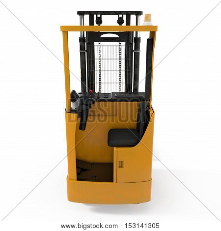 Modern forklift truck with plastic pallet isolated on white background. 3D illustration