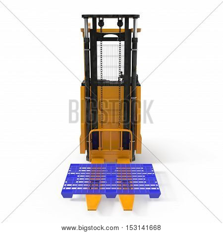 Modern forklift truck with plastic pallet isolated on white background. 3D illustration