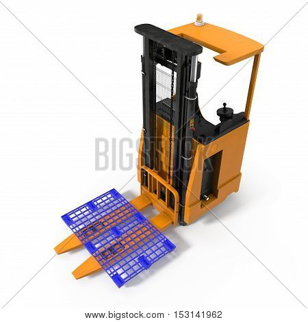 Modern forklift truck with plastic pallet isolated on white background. 3D illustration
