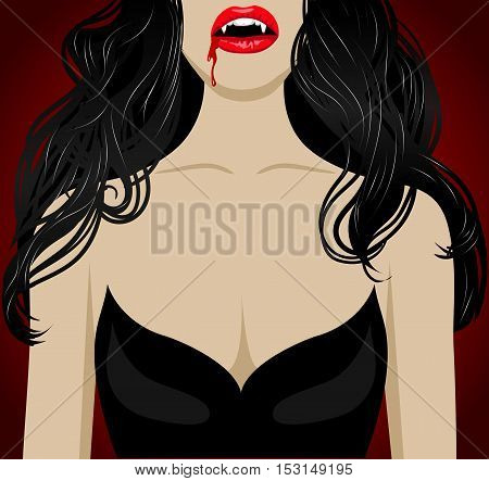 Sexy vampire with blood on lips and beautiful black hair