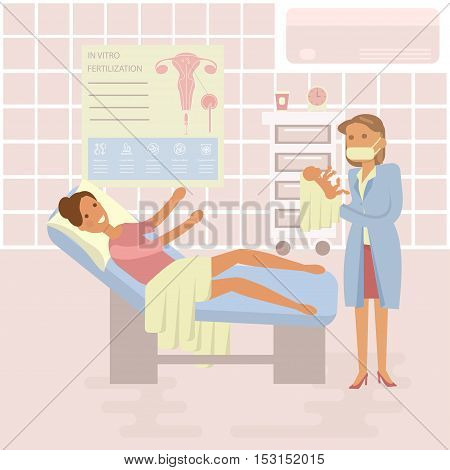 Happy family concept. Woman gives birth to a child. Midwife, baby on Maternity ward background. Gynecology, childbirth, People in flat design. Cartoon characters, illustration vector eps10