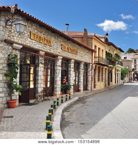 Arahiva Greece - Sept 20 2016: Street in the famous resort of Arachova on mountain Parnassos Greece