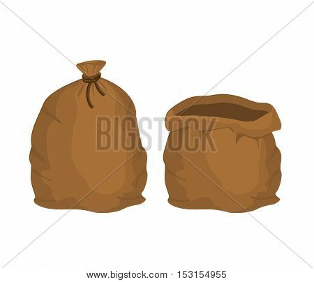 Big Knotted Sack Full And Empty. Brown Textile Bag Of Potatoes Oder Grain. Farm Object