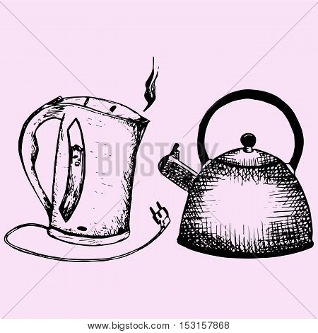 Stove top whistling kettle, electric kettle, doodle style sketch illustration hand drawn vector