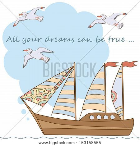 Marine theme.Vector hand drawn illustration. Postcard template with a ship and seagulls