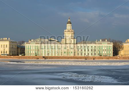SAINT PETERSBURG, RUSSIA - FEBRUARY 03, 2015: View of the building of the Kunstkammer, cloudy February morning. Historical landmark of the city Saint Petersburg