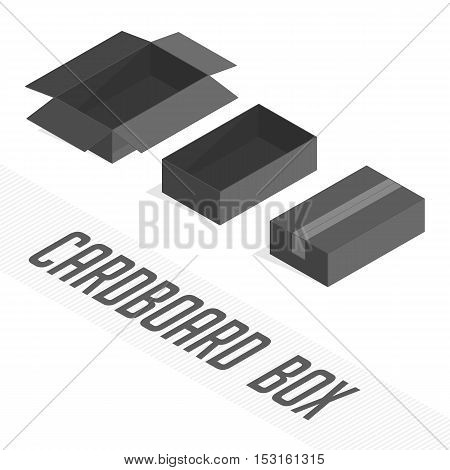 Set of vector black open and closed boxes. Empty boxing on light background. Isometric transportation package.