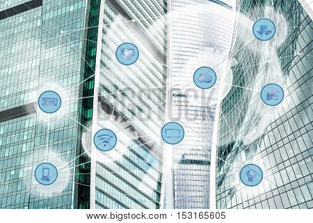 modern city background and wireless communication network, IoT Internet of Things and ICT Information Communication Technology concept