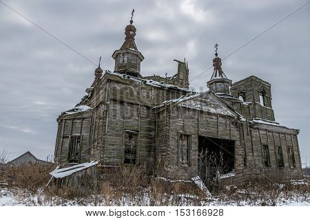 An old abandoned wooden Church of the Intercession of the Holy Virgin in Kamenka, Kursk region. in Russia