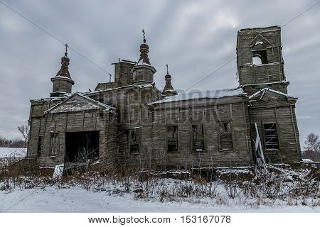 An old abandoned wooden Church of the Intercession of the Holy Virgin in Kamenka, Kursk region. in Russia